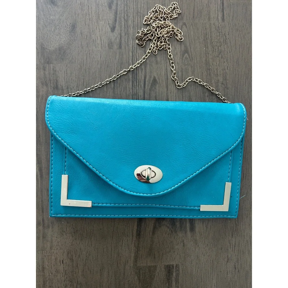 Teal Envelope Clutch Bag Gold Hardware Chain Strap Crossbody Turquoise Faux Leat